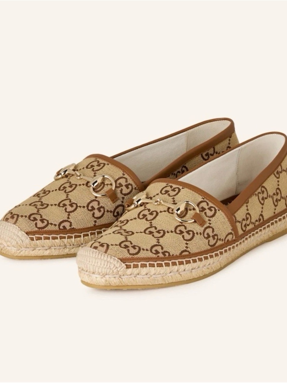 Gucci Tan GG Canvas Espadrille Loafers with Gold Horsebit
